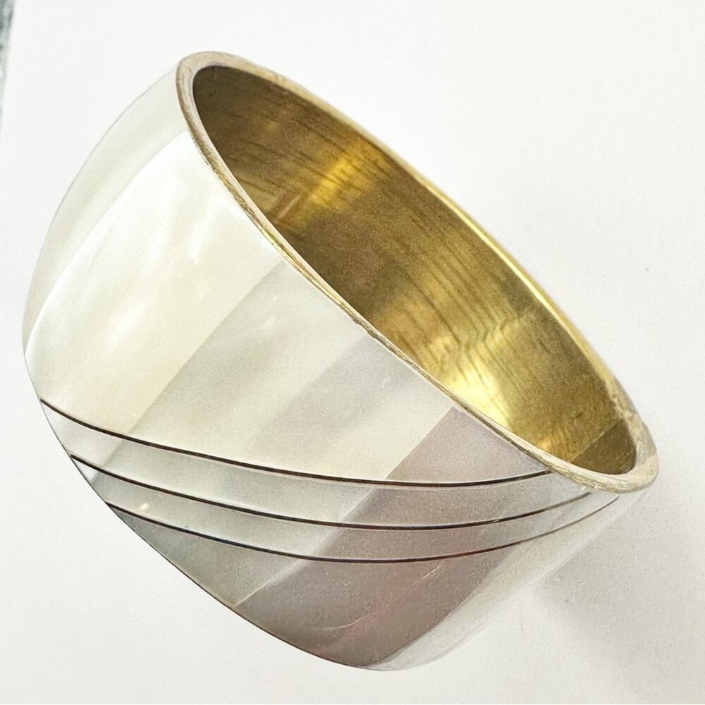 Mother of Pearl Wide Bangle Bracelet Gold Lining Jewelry